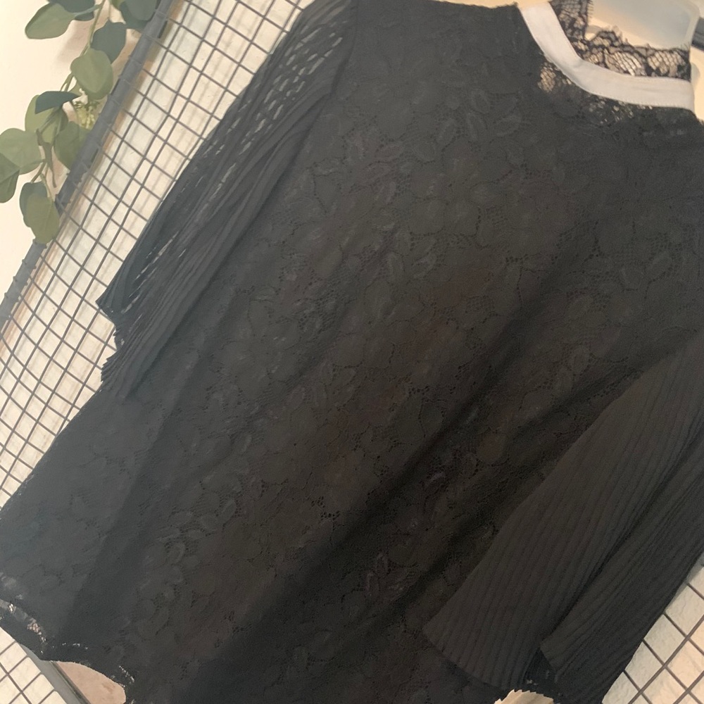 Black lace blouse with flutter sleeve & high neck